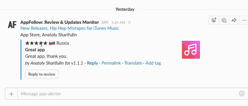 appfollow offers a feature that allows developers and marketers to receive and reply to user reviews directly from slack