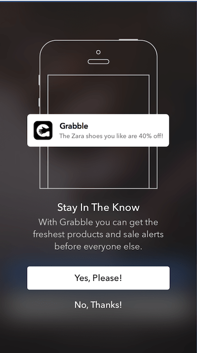 A Push-Priming In-App Message in the Grabble app 