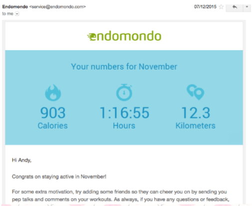 Endomondo delivers monthly digest emails to remind and encourage users to keep tracking their workouts