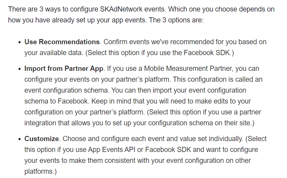 Facebook Events Manager ways to configure Skadnetwork events