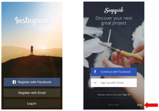 Instagram requires users to have an account to use the app at all, whereas Snapguide allows users to try the app before registering