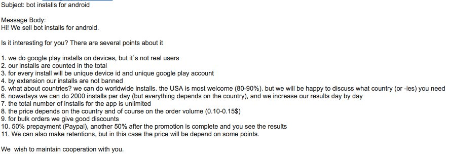 message offering to sell google play bot installs