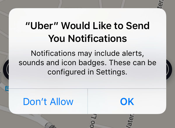 The iOS system prompt (aka APN prompt) for push notification permissions 