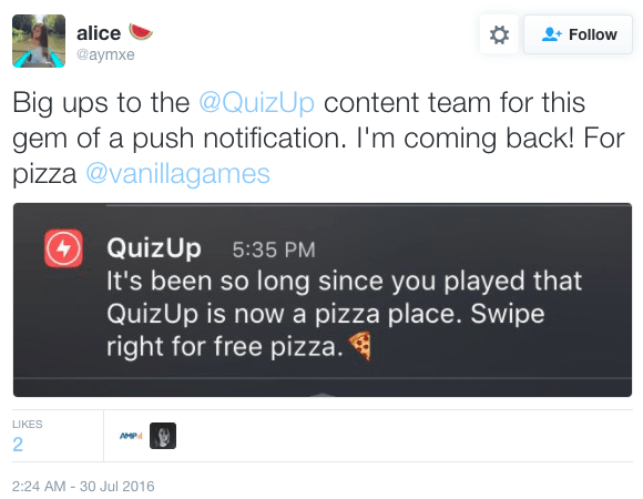 the offer of free pizza in a re-activation push delighted at least some users 